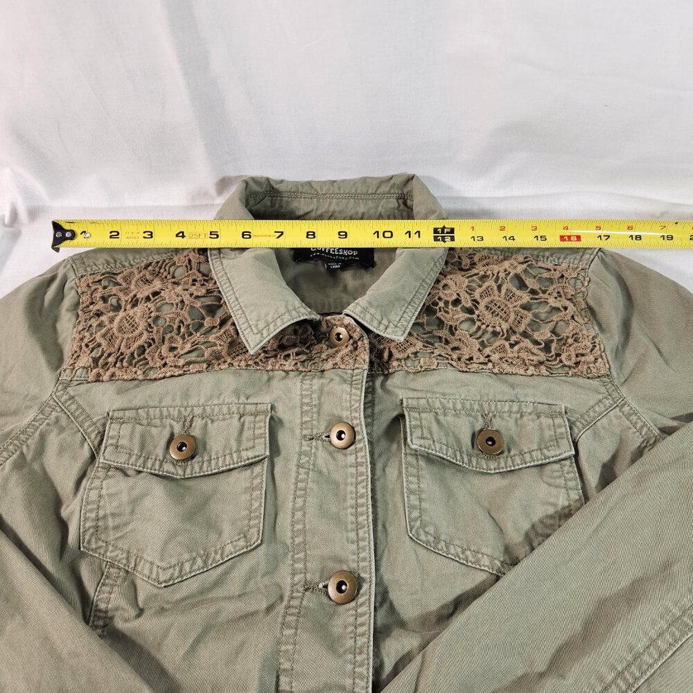 Coffee Shop Womens XL Jacket All Cotton Lace Shoulders Button Up Green FastShip - Picture 7 of 13
